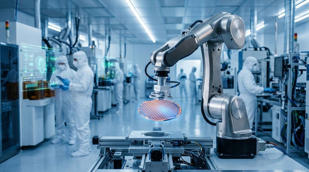 A high-tech semiconductor cleanroom with blue lighting and advanced robotic arms working on silicon wafers.