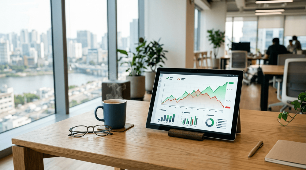 A modern dashboard on a tablet showing real-time AI-driven financial runway projections and burn rate charts for a startup.