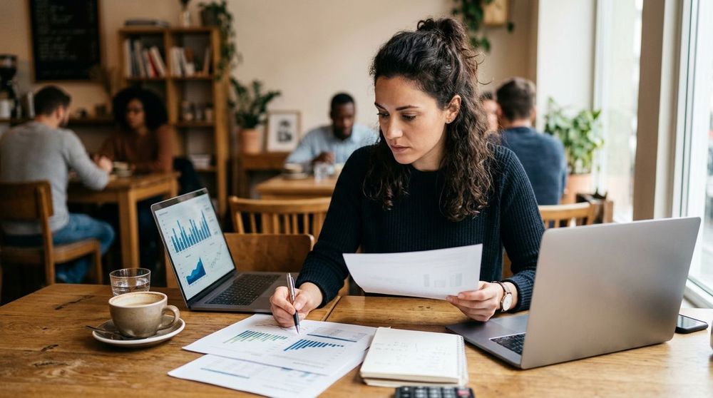 A small business owner reviewing financial documents in a cafe.