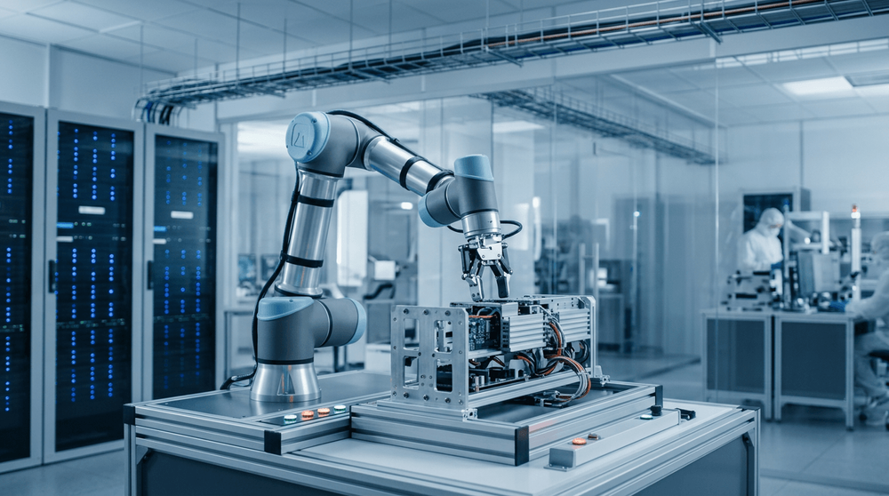 A close-up of a robotic arm assembling a complex modular component in a high-tech laboratory setting.