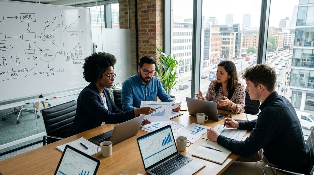 A modern office setting with SaaS founders discussing financing options.