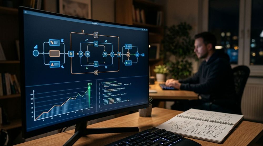 A data-driven dashboard showing agentic AI reliability metrics and reasoning traces for a seed-stage startup pitch.
