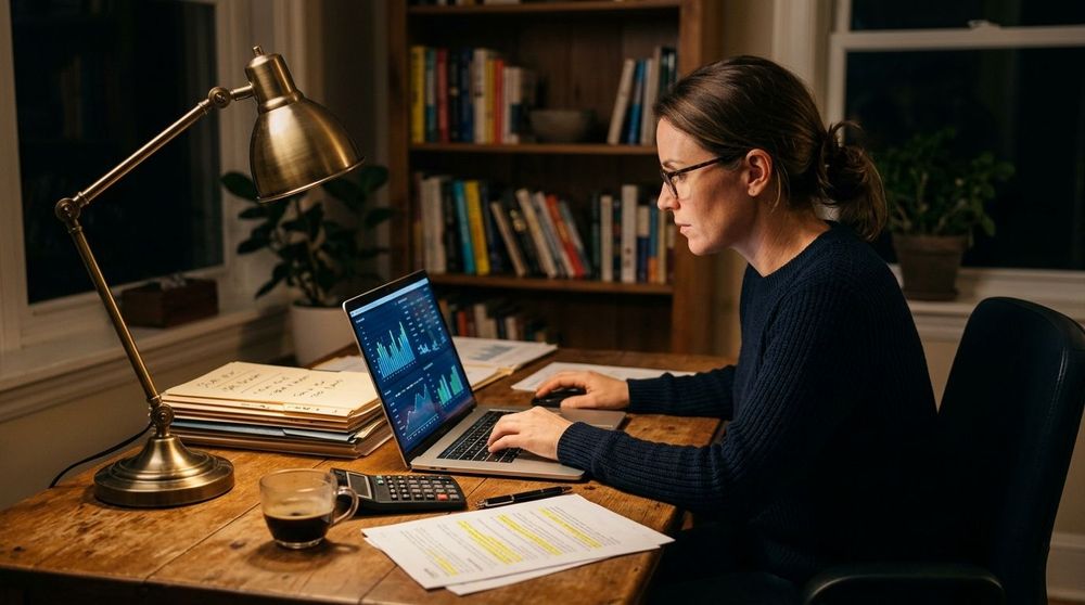 A focused founder analyzing financial spreadsheets and SBA loan application forms in a dimly lit home office at night.