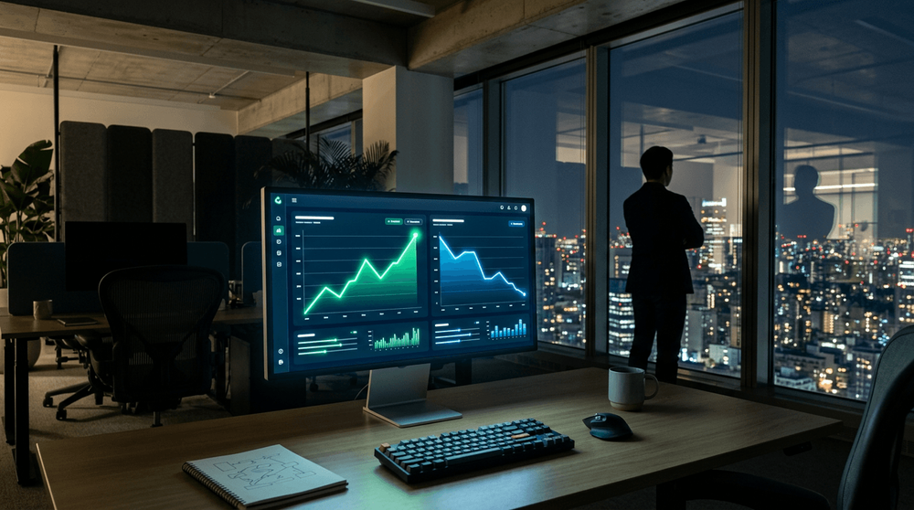 A data-focused dashboard showing AI agent performance metrics like task success rate and compute cost efficiency.