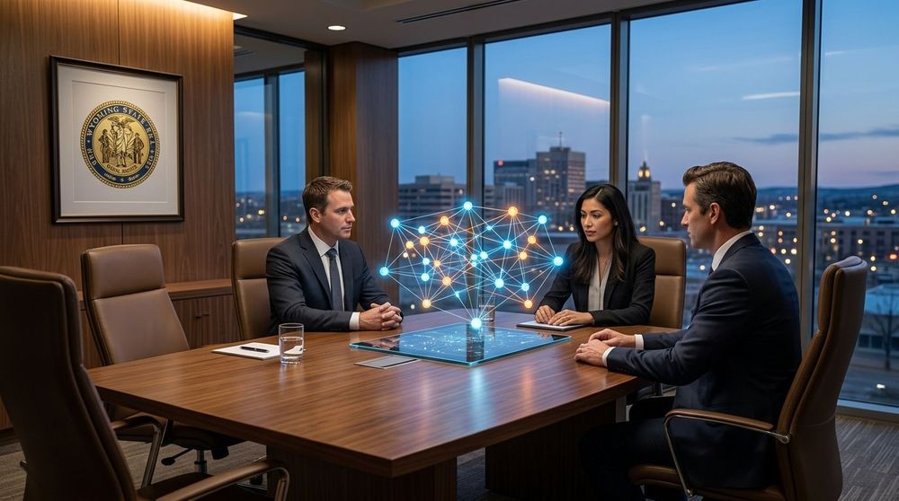 A modern legal office with a digital overlay of a blockchain network and a Wyoming state seal.