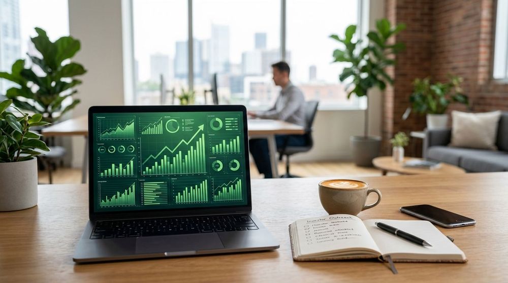 A data-driven dashboard showing investor matching metrics and business growth charts