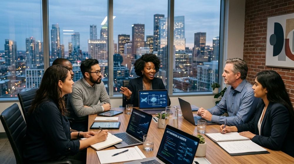 A diverse group of entrepreneurs discussing AI technology in a modern office setting.