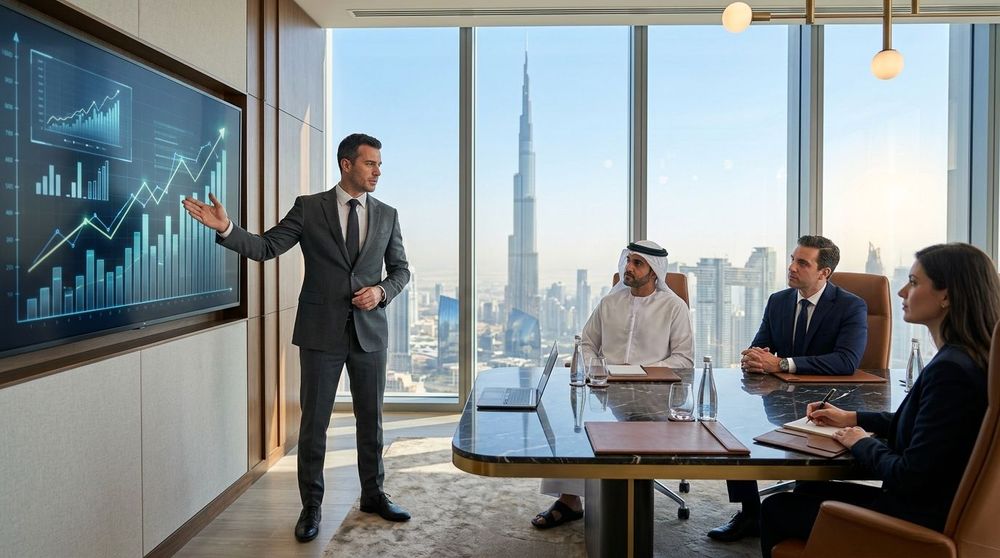 A professional founder presenting a data-driven business plan to a group of diverse investors in a high-rise Dubai office overlooking the Burj Khalifa.