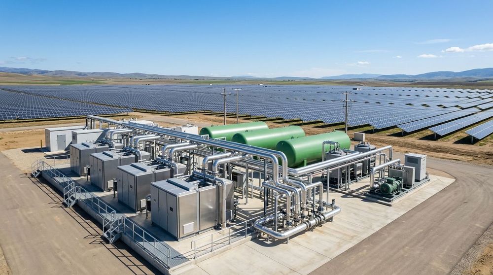 A modern green hydrogen production facility with electrolyzer stacks and solar panels in the background.