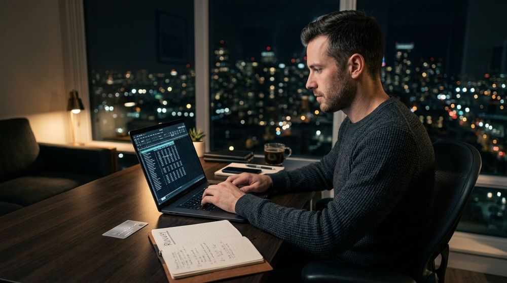 A founder in a home office at night comparing a laptop screen showing business expenses with a Capital One Venture One card on the desk.
