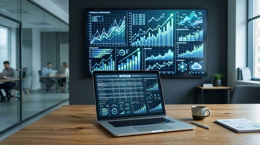 A data-driven dashboard showing Series A benchmarks for Vertical AI startups including ARR, NDR, and Gross Margin charts.