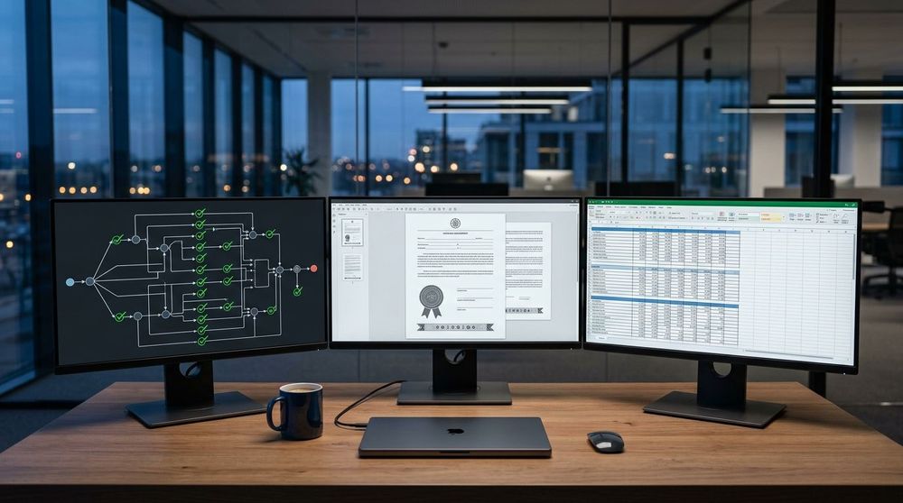 A professional data auditor reviewing a digital ledger of AI training data on a multi-monitor setup in a modern fintech office.