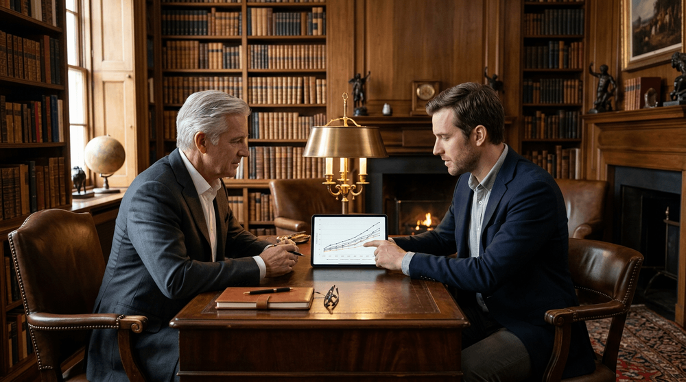 A professional founder presenting a long-term growth strategy to a family office principal in a private library setting.