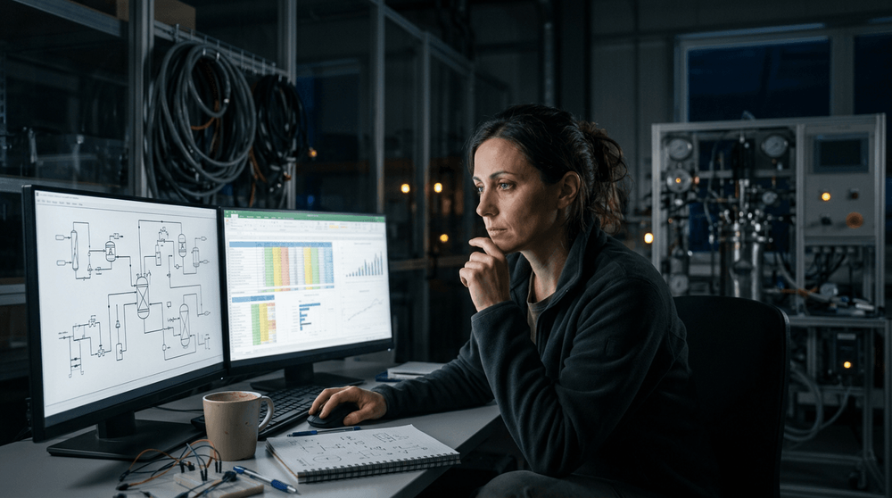 A scientist-founder working late at night in a high-tech lab with a prototype carbon capture reactor in the background.
