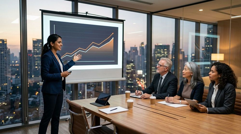 A professional founder presenting a data-driven pitch deck to a group of private wealth investors in a modern boardroom.