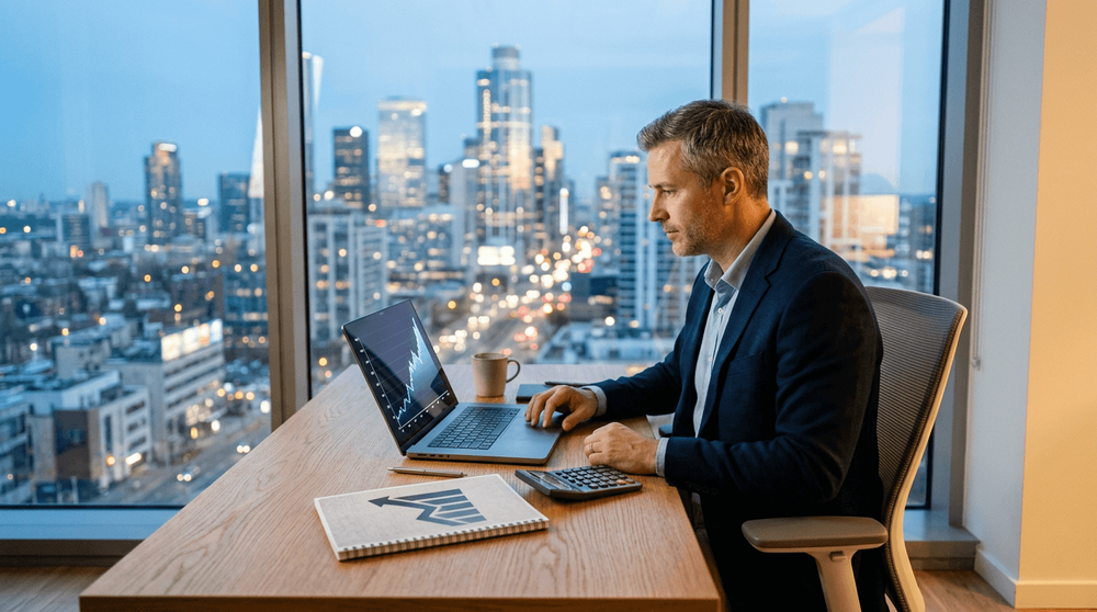 Small business owner reviewing financial documents for an SBA 7a loan expansion in a modern office setting.