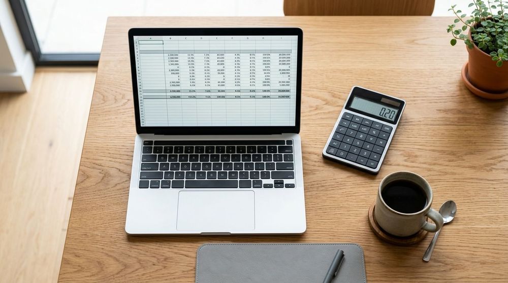 A laptop showing a cap table spreadsheet with a calculator and a 20 percent figure on a wooden desk.