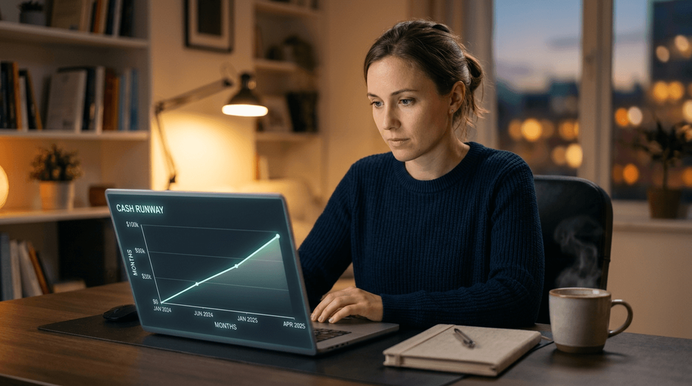 A founder analyzing real-time financial data on a clean, modern interface showing startup runway projections.