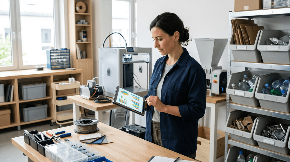 A small business owner reviewing a digital waste audit report in a modern, resource-efficient workshop.