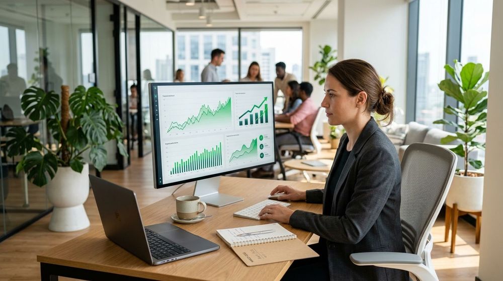 A modern SaaS founder analyzing a digital dashboard showing revenue growth and financing options in a bright office setting.