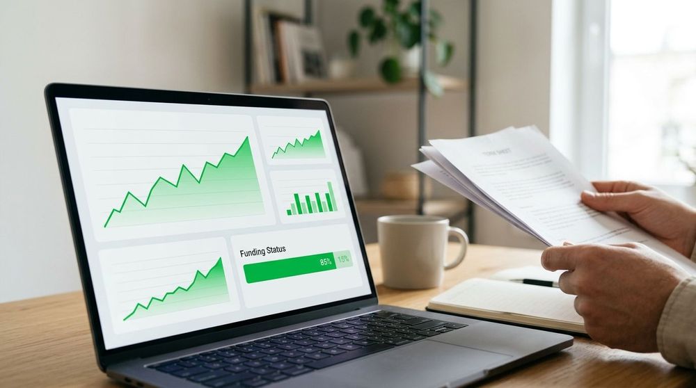 A data-driven dashboard showing startup funding growth metrics and investment tiers.