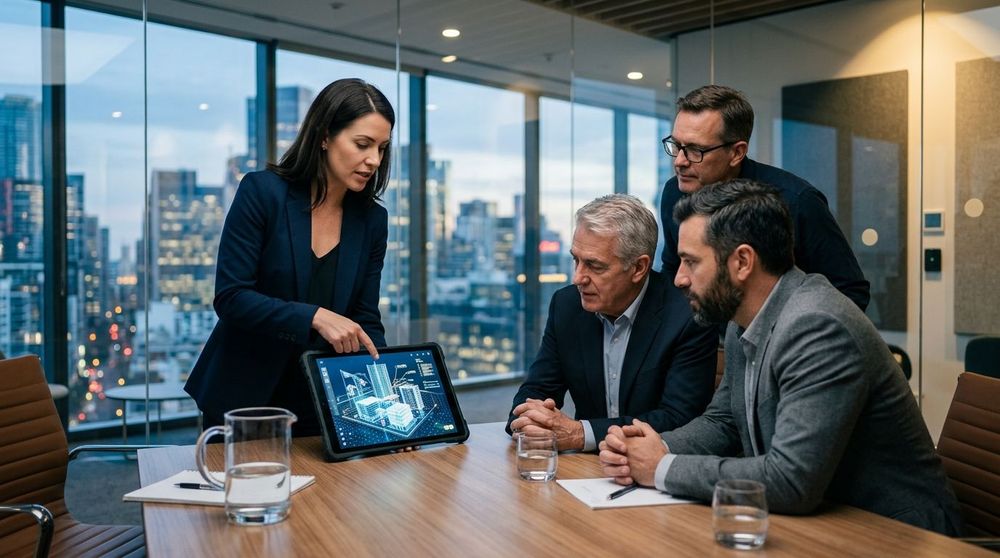 A founder presenting a vertical AI solution for a construction site to a group of specialized investors.