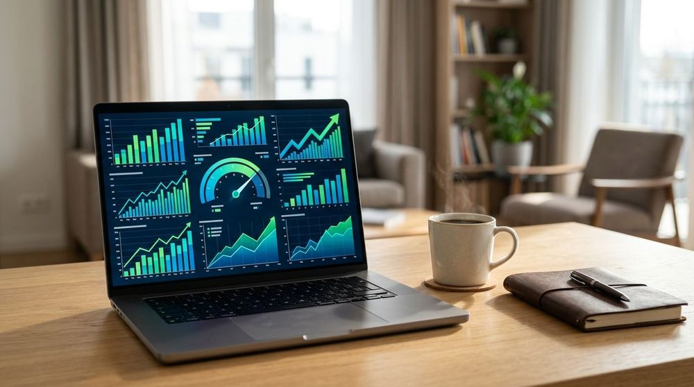 A modern financial dashboard on a laptop screen showing AI-driven valuation metrics and growth charts for an M&A deal.