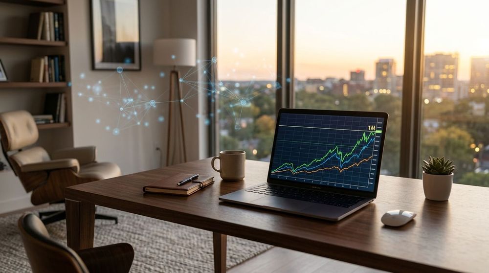 A modern, minimalist home office desk with a single laptop displaying a revenue dashboard hitting 1 million dollars, surrounded by abstract digital representations of AI agents working in the background.