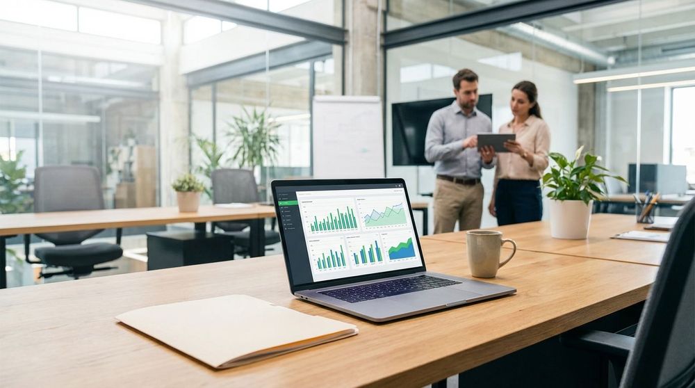 A modern startup office setting showing a laptop with financial charts and a professional discussing strategy with a founder.