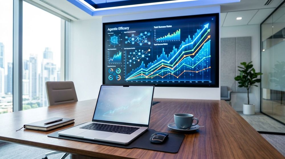 A professional dashboard showing AI agent performance metrics including Task Success Rate and Revenue Per Employee for 2026 valuation analysis.