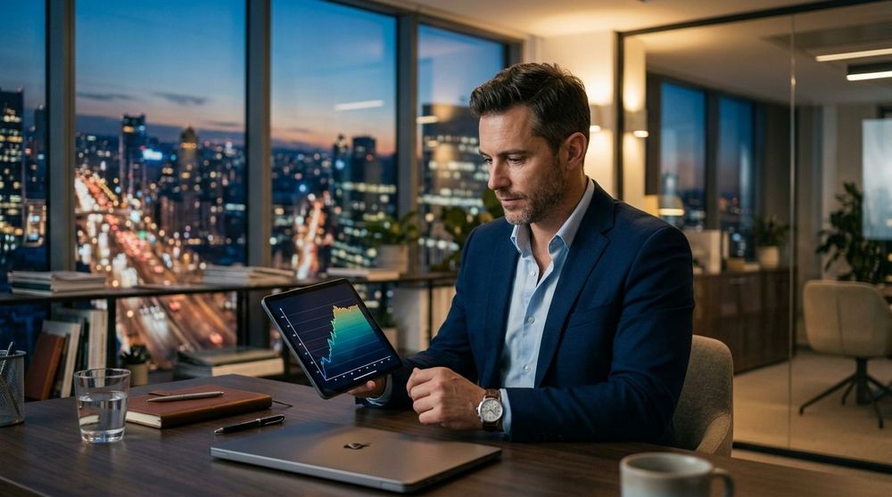 Small business owner analyzing financial growth charts and SBA loan rate projections on a digital tablet in a modern office.